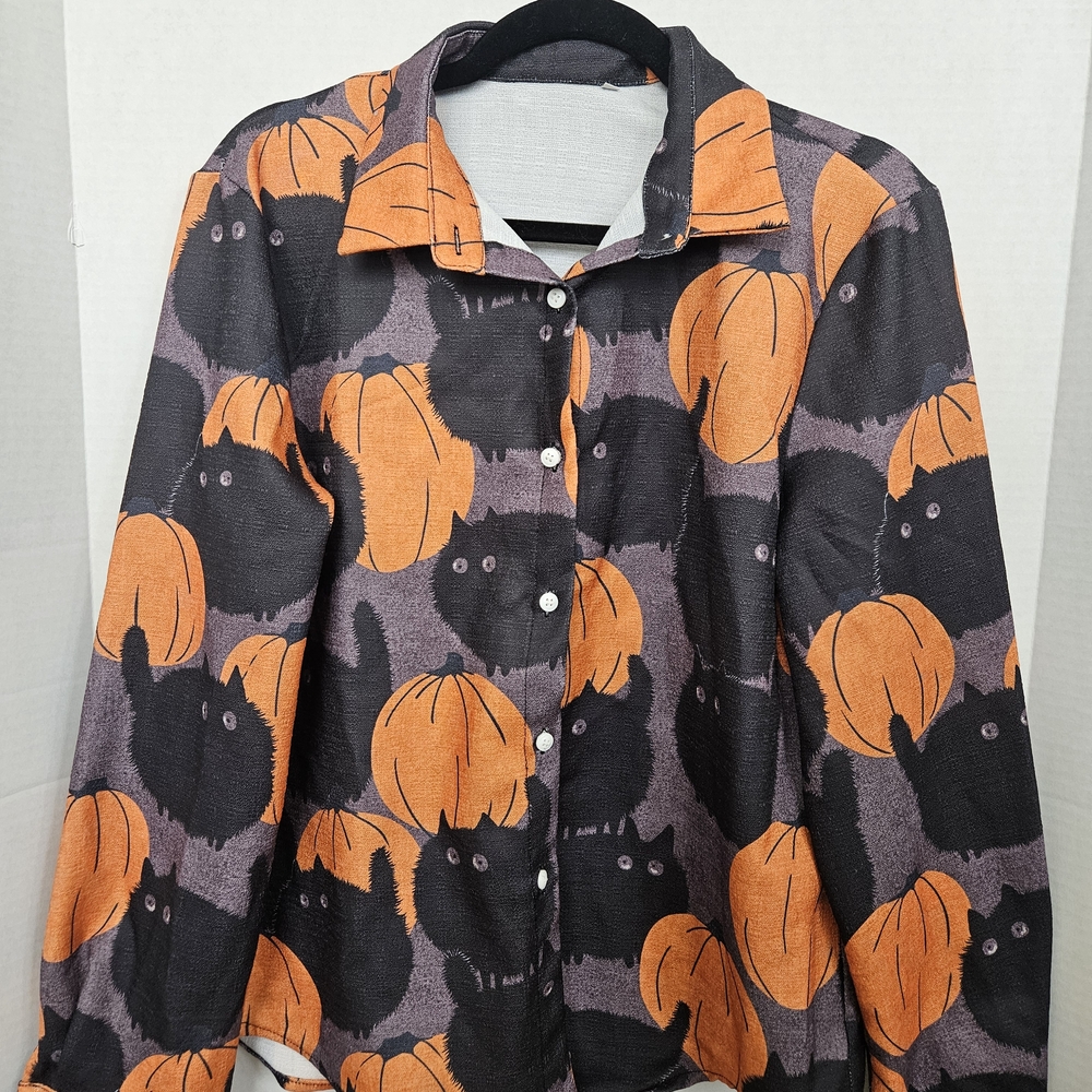 Halloween Cat and Pumpkin Button-Up Shirt